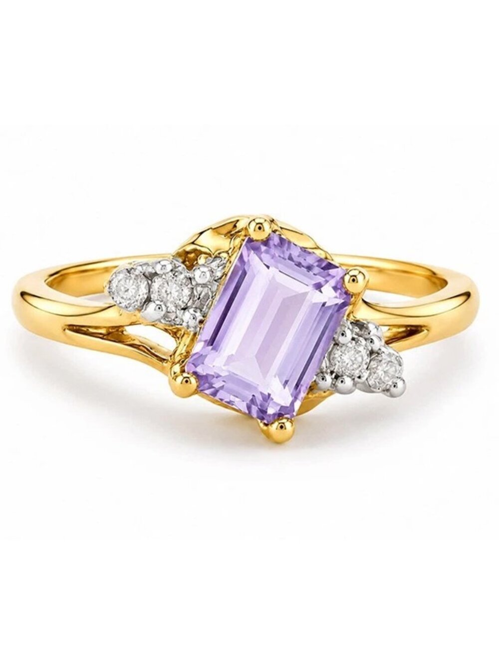 Genuine 1.46 Cts Amethyst & Diamonds Ring 10k Yellow Gold